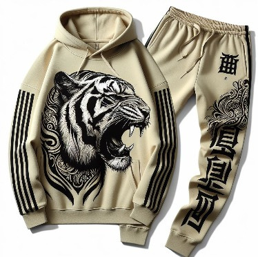 A beige hoodie and pants with a tiger face

Description automatically generated