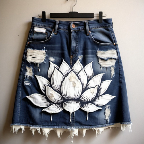 A denim skirt with a flower design

Description automatically generated