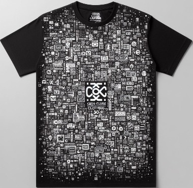 A black and white t-shirt with a pattern of small icons

Description automatically generated